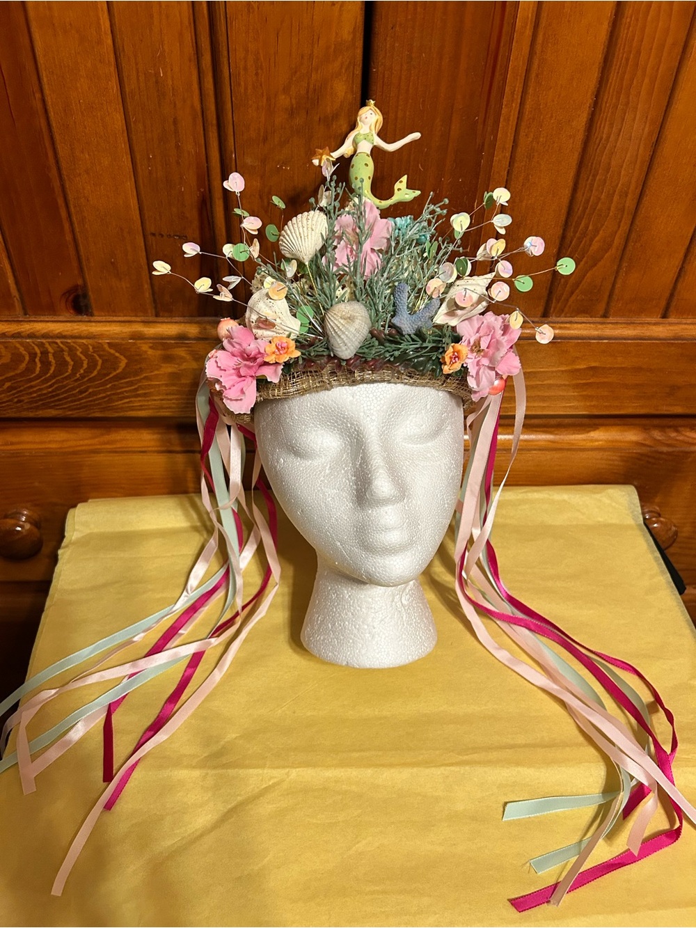 Handcrafted Pink Mermaid Floral Headpiece with Ribbon Tails
